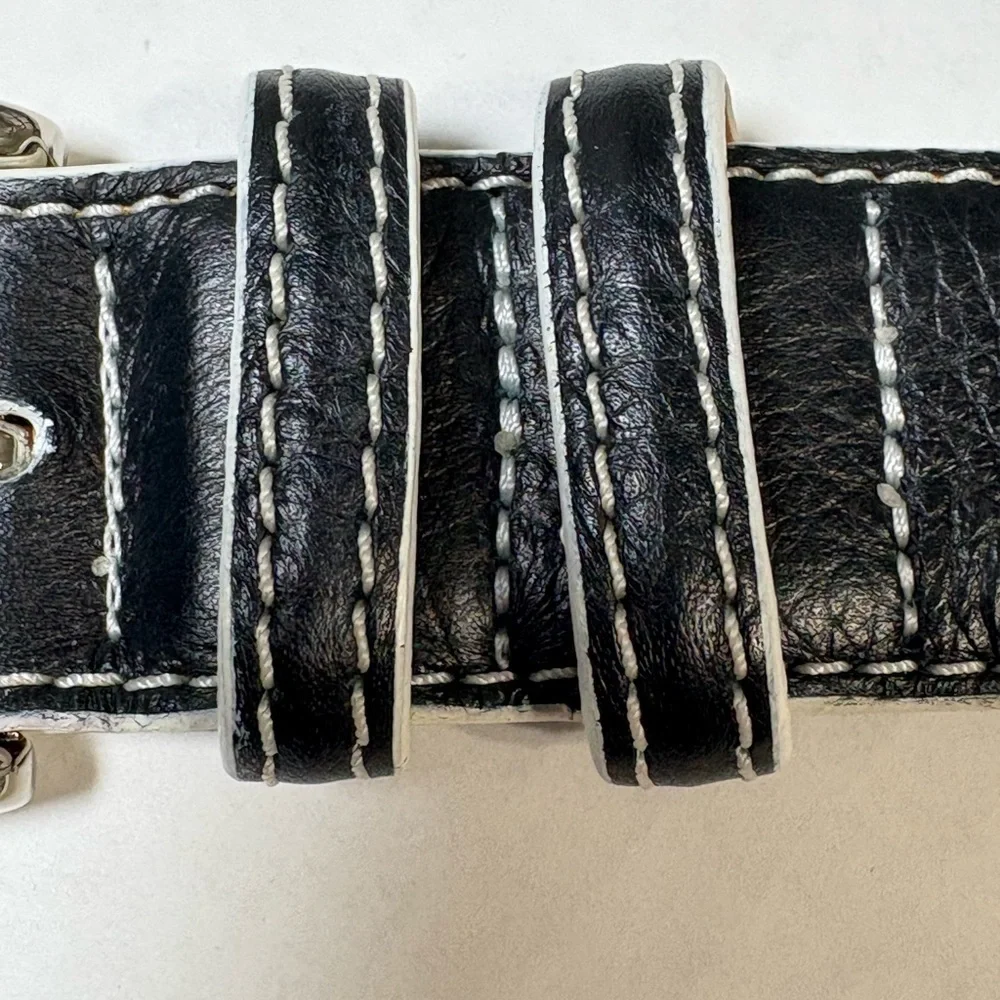 Bobby Jones Men's Black Leather Belt w White Stitching. USA,Italian Brass Buckle